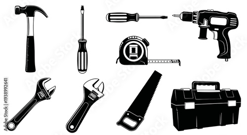 Construction DIY Tools Monochromatic Vector Illustration - Hand Saw, Hammer, Wrench Set