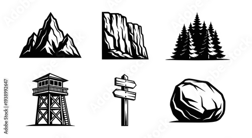 Monochrome Vector Outdoor Nature Adventure Elements Icons Set