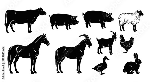 Farm Animals Vector Silhouettes Set for Agriculture and Livestock Design