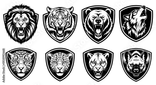 Sports Team  Wildlife Mascot Emblems: Aggressive Predator Animal Heads Black  White Vector Art
