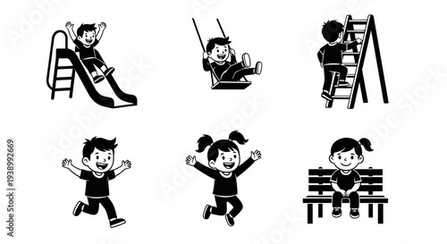 Kids Playing on Playground Equipment Black and White Glyph Vector Set