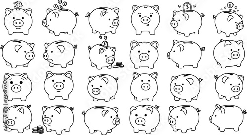 Finance and Savings Piggy Bank Icons Set in Black and White Line Art Style - Hand Drawn Money Saving Concepts Collection