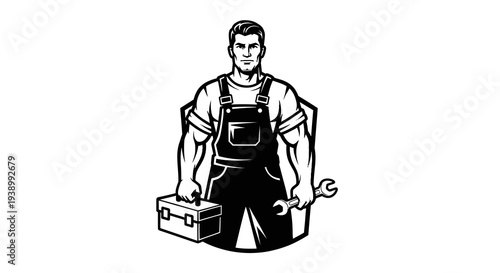 Strong Tradesman Mechanic Worker with Toolbox and Wrench Vector Icon BW Line Art