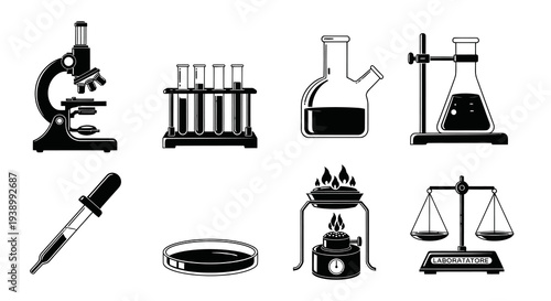 Science Laboratory Equipment Black  White Vector Glyph Icons Set