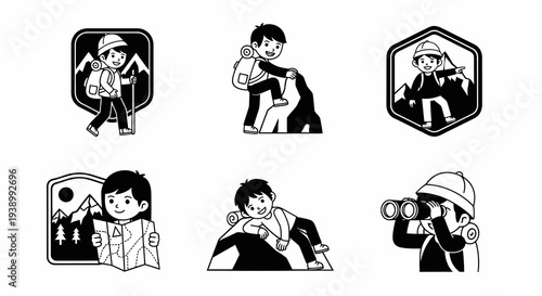 Monochrome Vector Illustration of Kid Hikers and Climbers on Outdoor Adventures