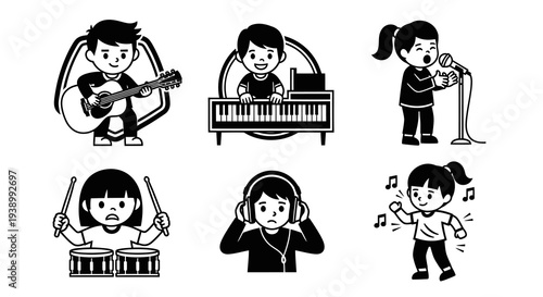 Music Class Kids Black  White Line Art Cartoon Vector: Children Playing Instruments  Singing