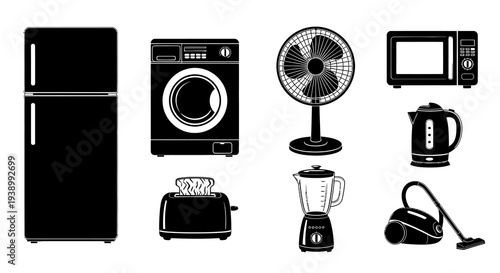 Black and White Home Appliances Icons Set - Domestic Electronic Devices Vector
