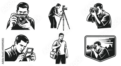 Monochrome Photographer and Camera Retro Vector Illustration Set