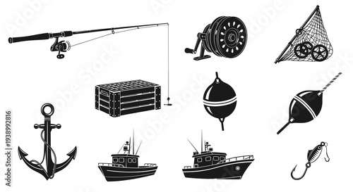 Fishing and Marine Gear Black  White Glyph Icons Set