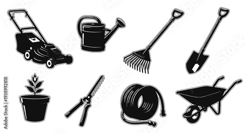 Vintage Black  White Line Art Gardening Tools Set - Horticulture Equipment Icons