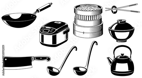 Asian Cuisine Kitchenware and Cooking Tools Black and White Line Art Set