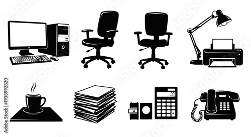 Office Equipment and Furniture Glyph Icons - Black and White Business Vector Set