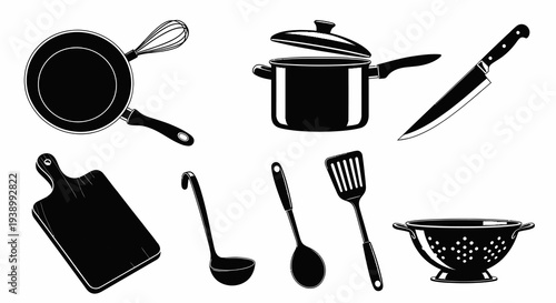 Kitchen Utensils Monochrome Icon Set for Cooking and Food Preparation Vector Illustration