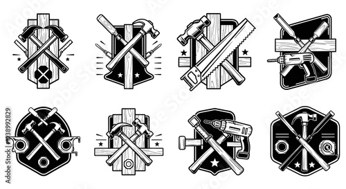 Black  White Carpentry Hand Tools Badges Vector Set for Woodworking
