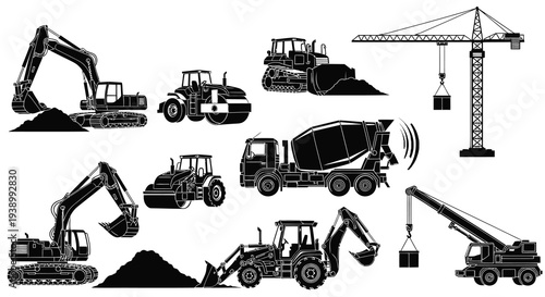 Construction Industry Heavy Machinery Black  White Silhouette Vector Set