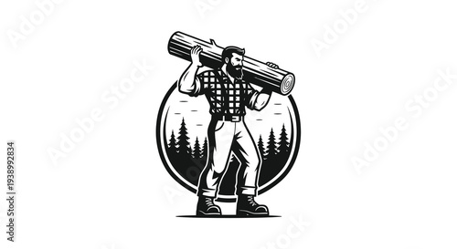 Forestry Lumberjack Carrying Log Illustration - Black  White Vector Graphic