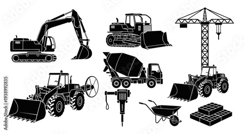 Construction Industry Heavy Machinery, Vehicles  Building Tools Silhouettes Collection