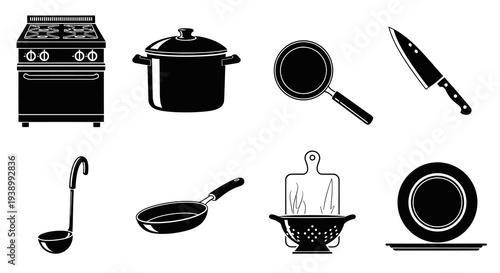 Food Preparation Kitchen Utensils Black  White Silhouette Icons Set