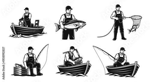 Black and White Vintage Fisherman Fishing Activity Vector Illustration Set