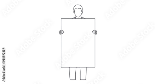 Black and White Line Art Man Holding Blank Sign for Communication and Business