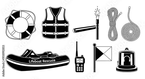 Maritime Safety  Rescue Equipment Icons Collection - Black  White Line Art