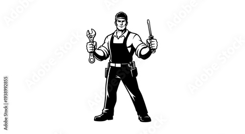 Handyman Tradesman with Wrench and Screwdriver - Black and White Vector Illustration