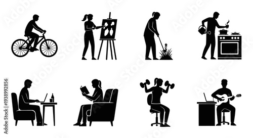 Lifestyle Activities Glyph Silhouettes: Daily Routines, Hobbies  Leisure Icons Set