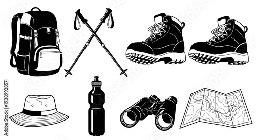 Hiking Outdoor Gear Set: Backpack, Boots, Poles, Map - Black  White Line Art Vector