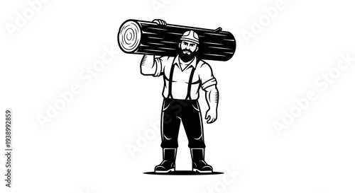 Retro Logging Lumberjack Carrying Log Black and White Mascot Illustration