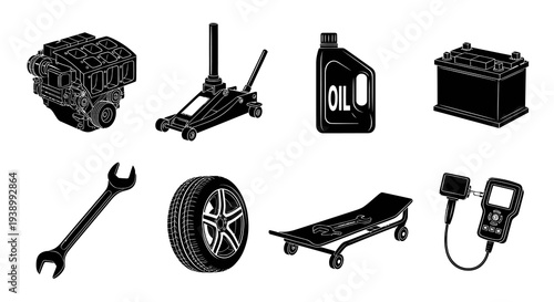 Black  White Automotive Tools and Car Parts Glyph Icons Set