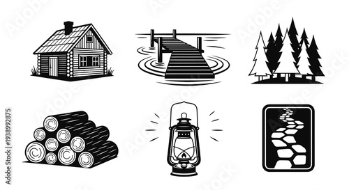 Wilderness Adventure Black and White Monochrome Icon Set for Camping and Nature