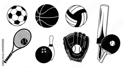 Sports Equipment Black and White Icons Set - Balls, Rackets, Bat, Glove  Pin Line Art