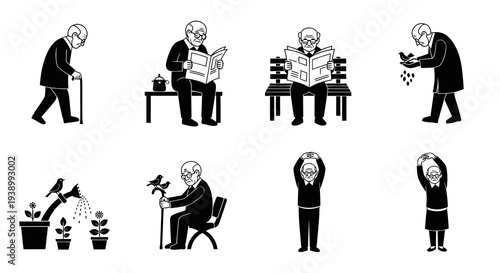 Senior Citizens Black  White Glyph Icons: Elderly Life, Health  Retirement Activities