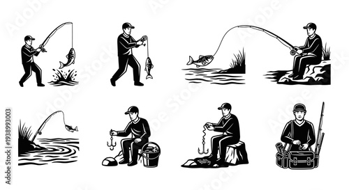 Fishing Vector Illustrations of Fishermen with Rods, Hooks, and Fish - Black and White