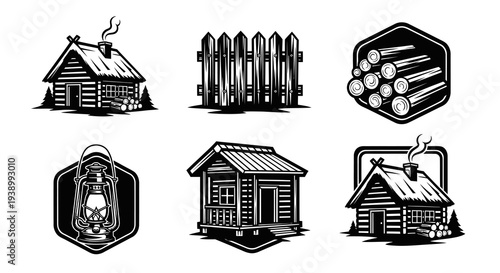 Rustic Log Cabin, Wood, and Outdoor Elements Black  White Vintage Vector Illustration