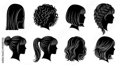 Beauty and Fashion Industry: Diverse Female Hairstyles Silhouette Vector Art Set