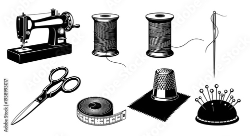 Black  White Engraving Style Sewing  Tailoring Craft Tools Line Art Set