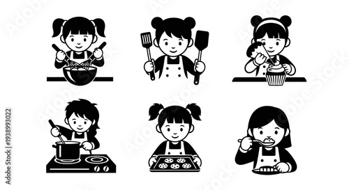Kids Cooking  Baking Food Process Black  White Glyph Vector Icons Set