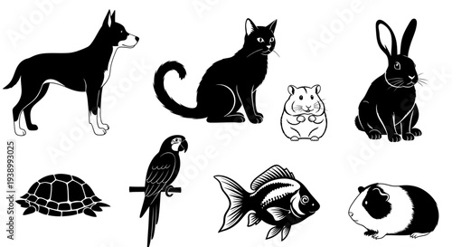 Domestic Pet Animals Black and White Silhouette Vector Icons Set for Animal Care