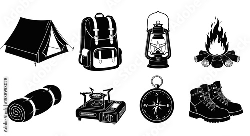 Camping and Outdoor Adventure Gear Black  White Glyph Vector Icon Set