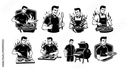 Monochrome BBQ Grilling Chef Character Set - Food Industry Vector Illustrations