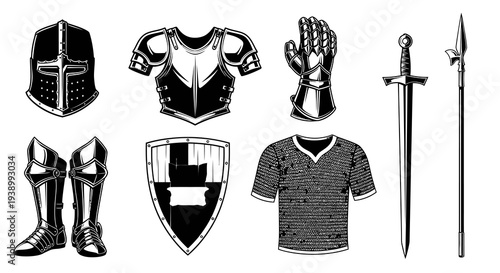 Medieval Knight Armor and Weapons Set Black and White Vintage Line Art Illustration
