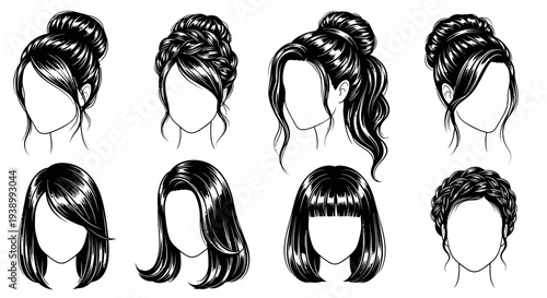 Elegant Women's Hairstyles Black  White Line Art Illustration Set for Beauty  Fashion