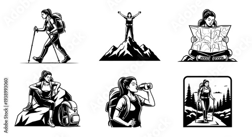 Black  White Line Art Illustration: Female Hikers on Outdoor Hiking Adventure Set