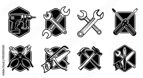 Construction Repair Tools Emblems Set - Black  White Monochrome Icons