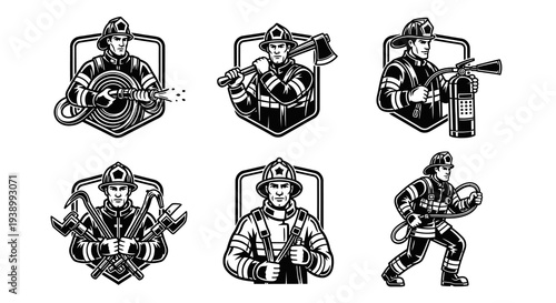Firefighting Emblems Set - Black and White Line Art Vector Illustrations of Firemen with Tools