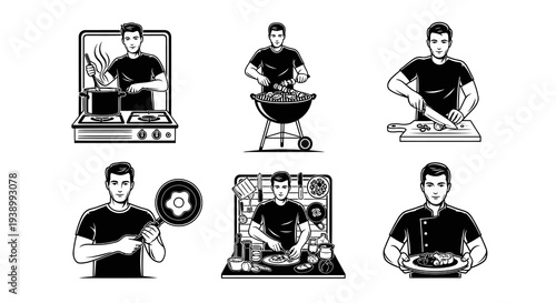 Black  White Line Art: Man Cooking  Culinary Activities Icon Set