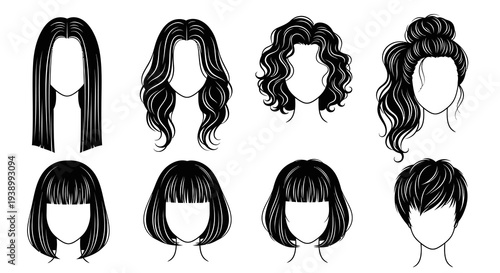 Beauty Fashion Diverse Female Hairstyles Black and White Line Art Vector Set