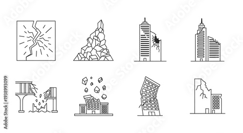 Disaster and Damage Line Art Icons: Collapsed Buildings, Broken Bridge, Earthquake Cracks