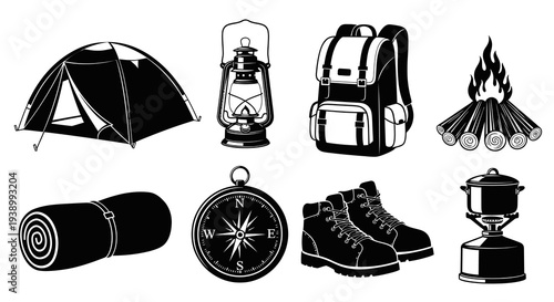 Outdoor Adventure Camping Gear Black  White Glyph Icons Set
